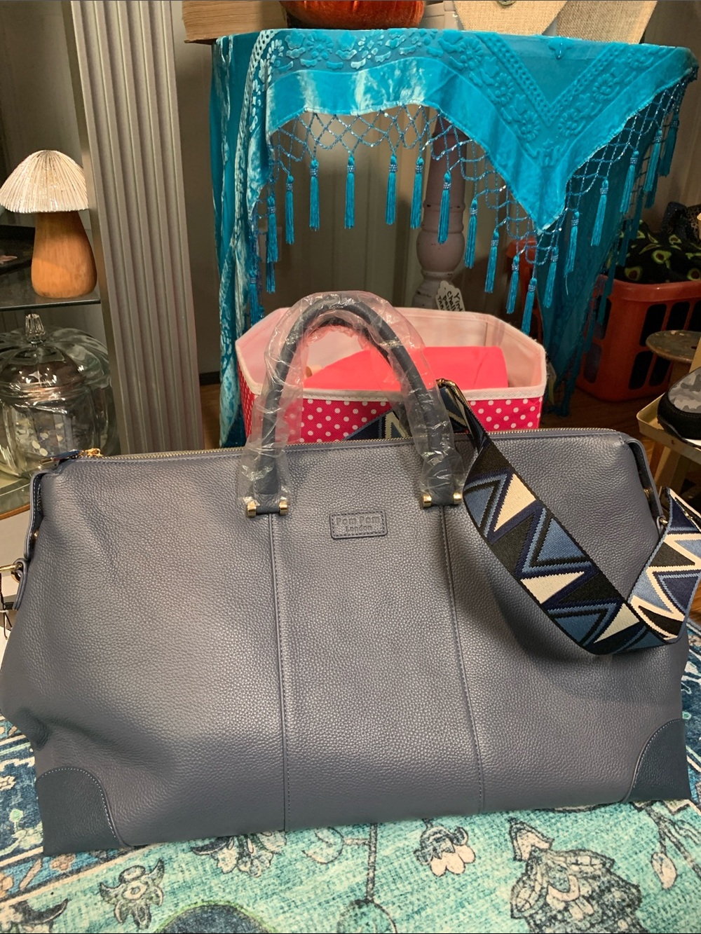 Pom Pom London new leather weekender bag qvc multi strap blue slate